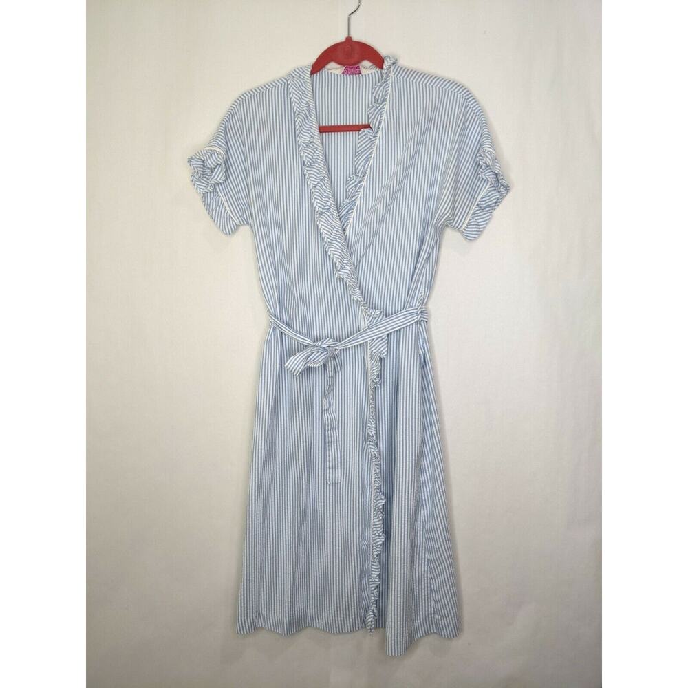 Vintage Evelyn Pearson Blue White Striped Long Wrap Dress 60s Size M